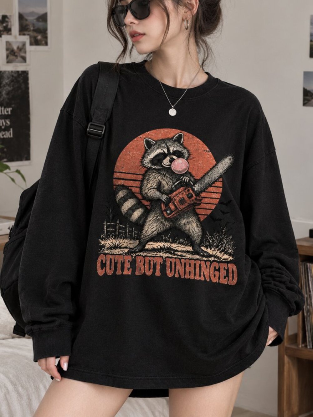 Unhinged Raccoon Chainsaw Bubblegum Halloween Tee